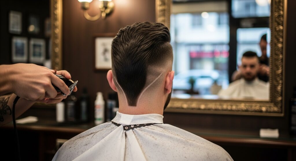 Image idea: Man sitting in a barber chair, photo taken from behind, showing the taper faux hawk back. Alt text: Back view of a taper faux hawk haircut with clean fade.
