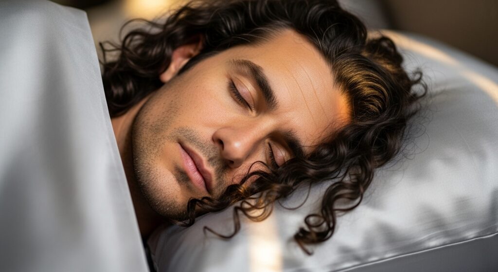 “man with permed curls sleeping on silk pillowcase”)