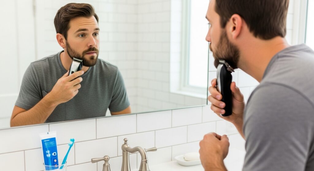 man maintaining high and tight haircut at home