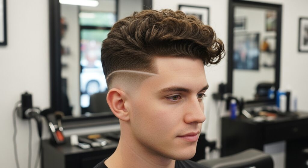 Drop fade haircut with curly hair on top