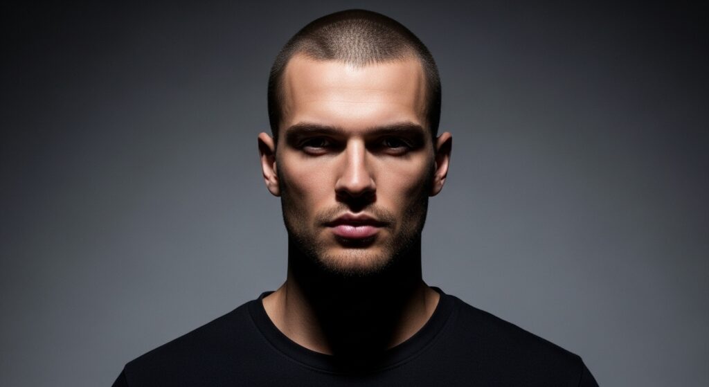 Buzz cut showing sharp cheekbones on diamond face