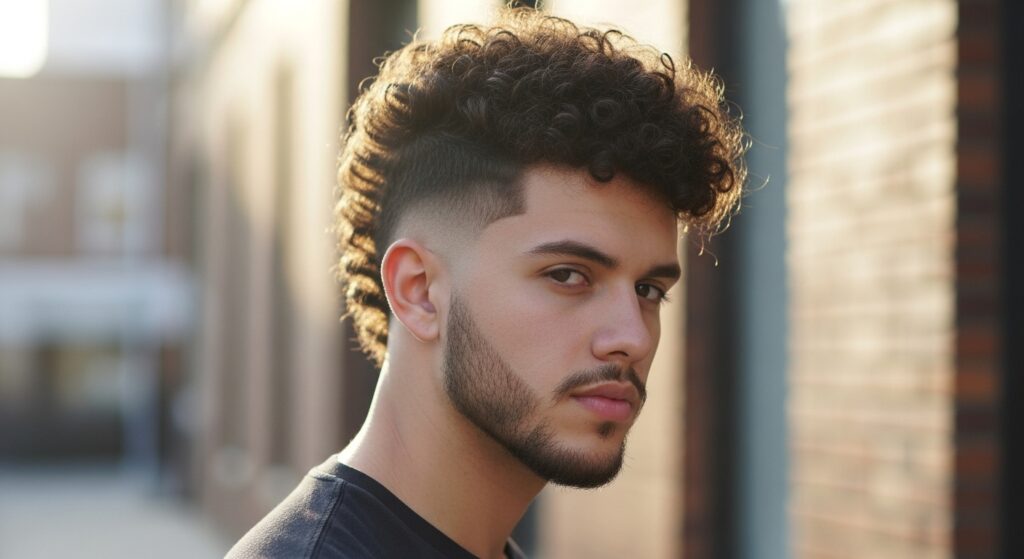  Curly hair styled into a tapered frohawk