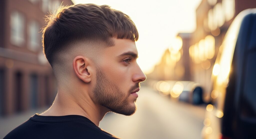 Image idea:

Alt: "Man with modern textured crop haircut looking away from the camera"