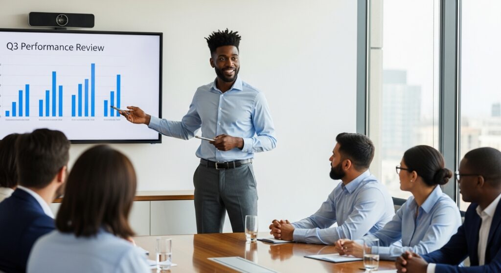 Professional man with textured hair presenting at the office