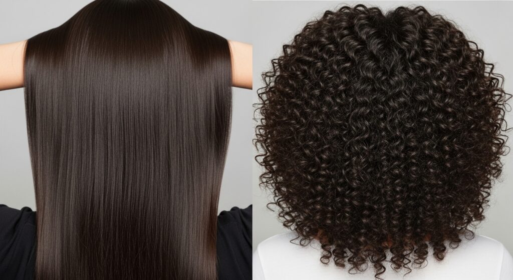 Side-by-side photo of straight hair next to permed hair