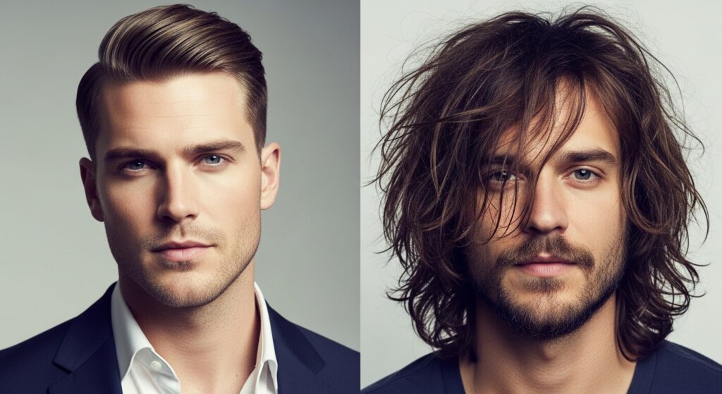  Comparison of neat professional short hairstyle and casual unkempt long hairstyle.