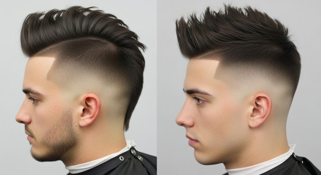 Comparison of low taper vs high fade faux hawk.