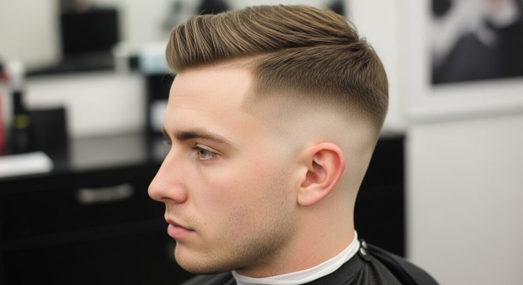 The side of the head with a medium fade haircut on dark hair)