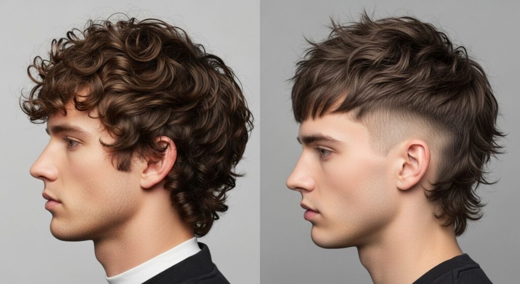Image idea.7: Side profile showing a comparison between a curly shag haircut and a wolf cut.