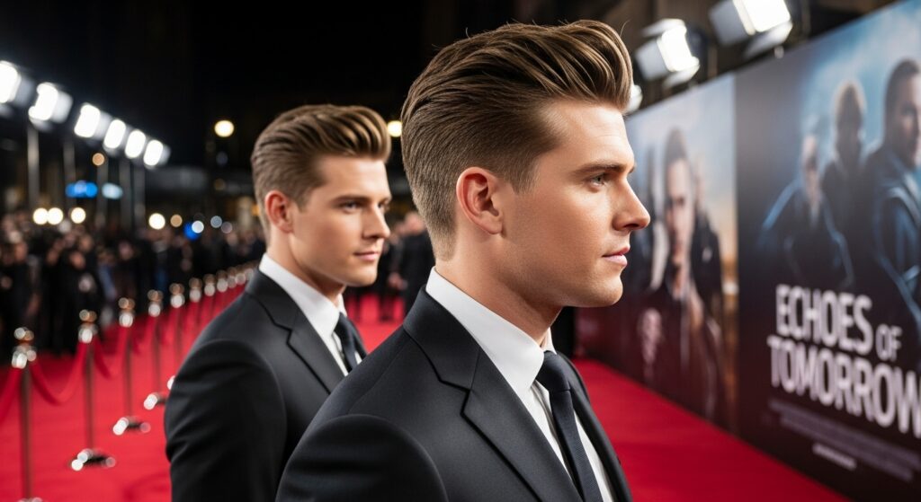 Zac Efron with textured brush up hairstyle at event.