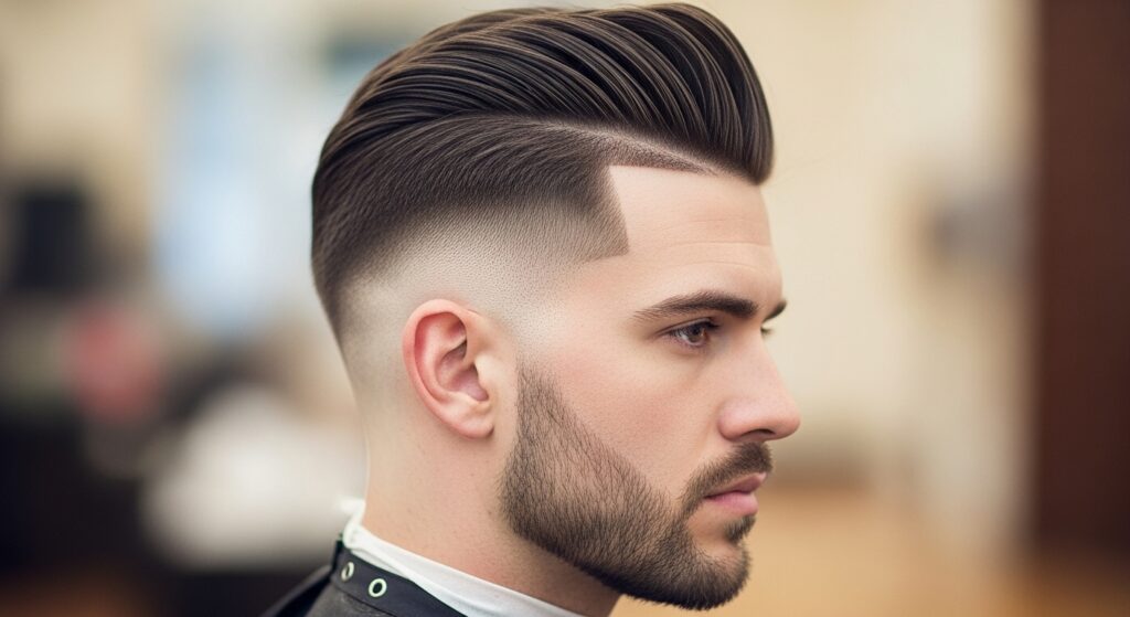 Cut low fade with comb-over style