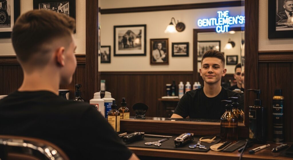 Teen boy with a fade haircut looking at his reflection in the mirror at a barbershop. Relaxed atmosphere, not posed.