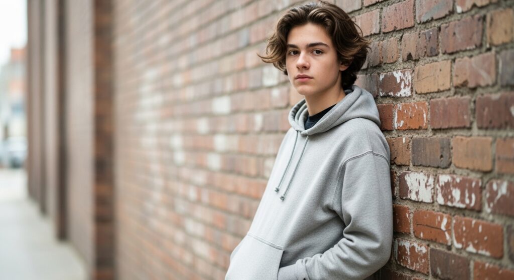 Teen boy with medium-length wavy hair leaning against a wall, casual hoodie look.