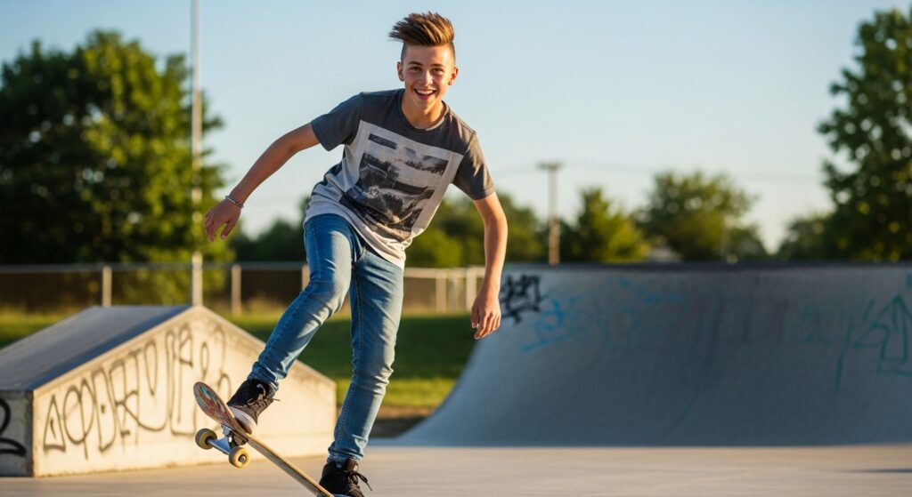 Teen boy with spiky textured haircut smiling while skateboarding. Natural outdoor shot.