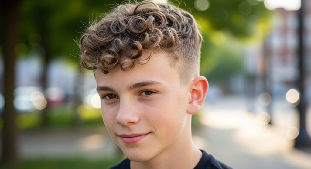 Curly-haired male with ice cream scoop look.