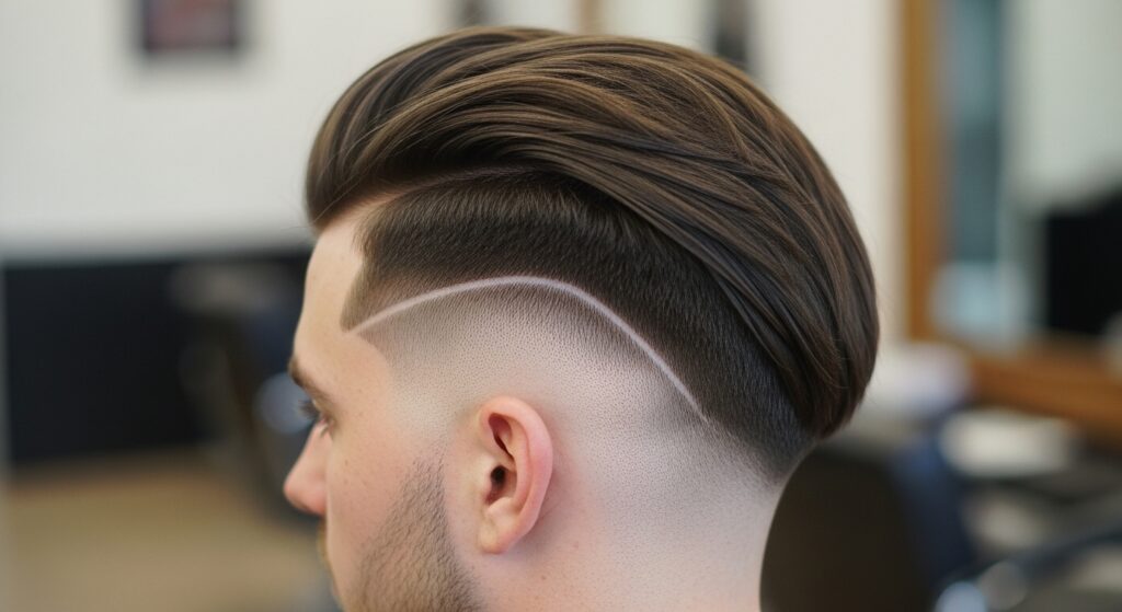 (Image idea: back view of a side swept undercut with tapered fade. Alt tag: side swept undercut back view with fade)