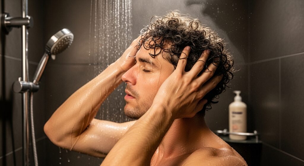 man conditioning permed curls in shower”)