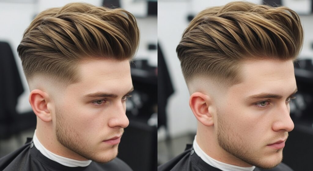 (Image idea: textured side swept haircut with faded undercut sides. Alt tag: textured side swept undercut male style)