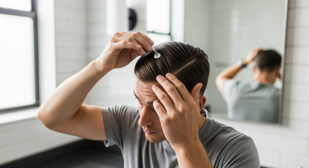 Styling men’s middle part haircut with cream"