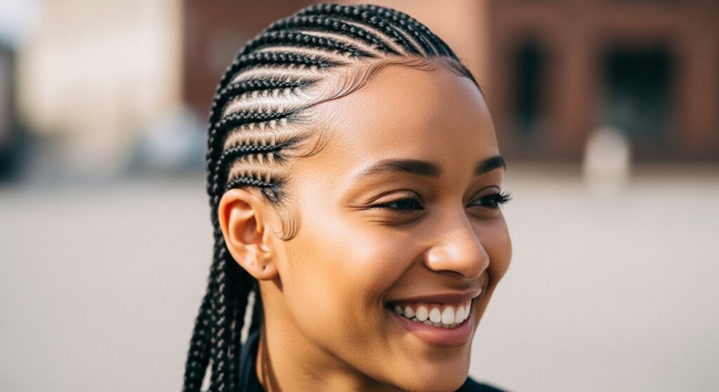 Black girl with neat cornrows revealing the scalp detail.