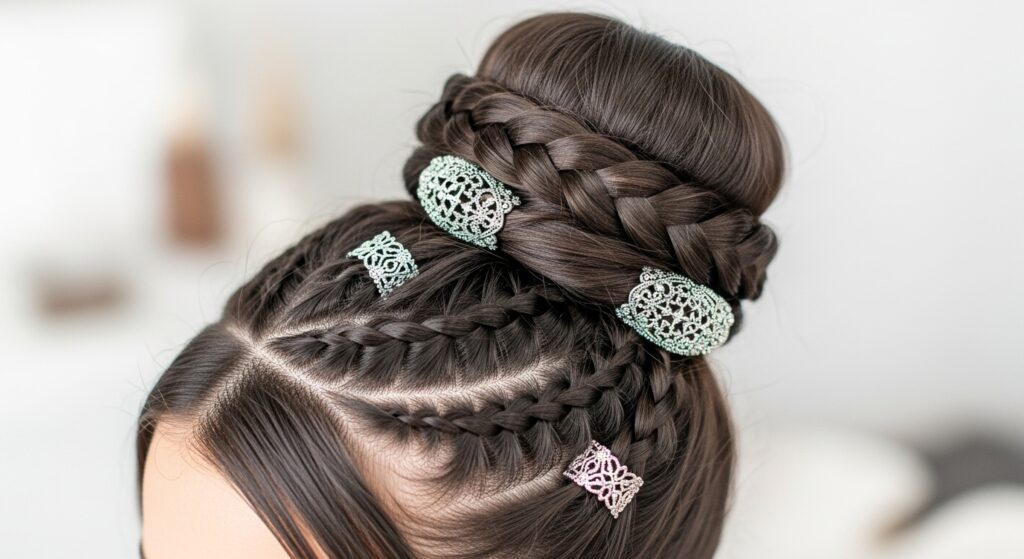 Black girl with high braided bun decorated with gold cuffs.
