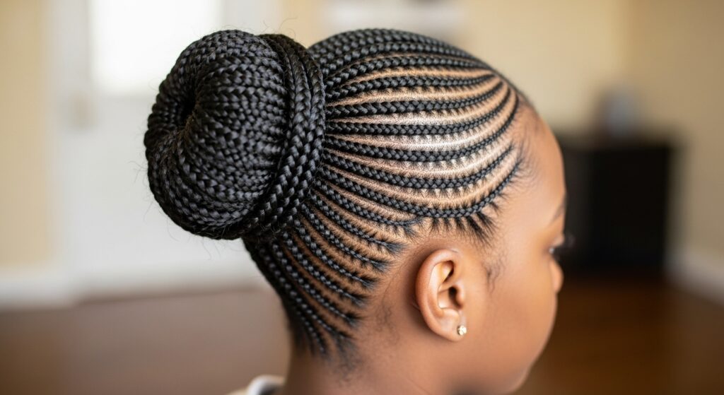 Black girl with cornrow braids gathered into a bun.