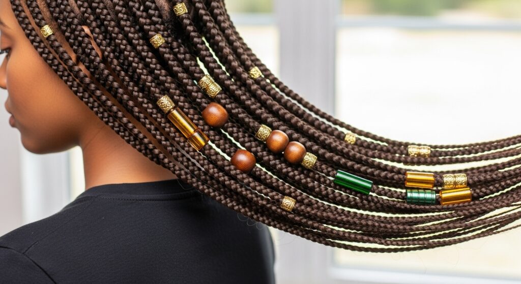  Black girl with medium box braids decorated with beads.