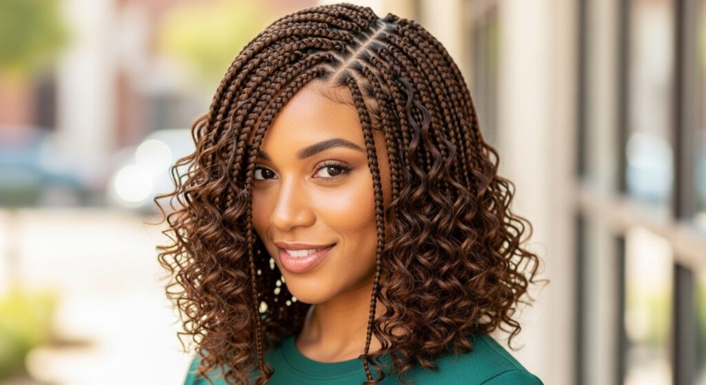 Black girl with shoulder-length knotless braids and curly tips.